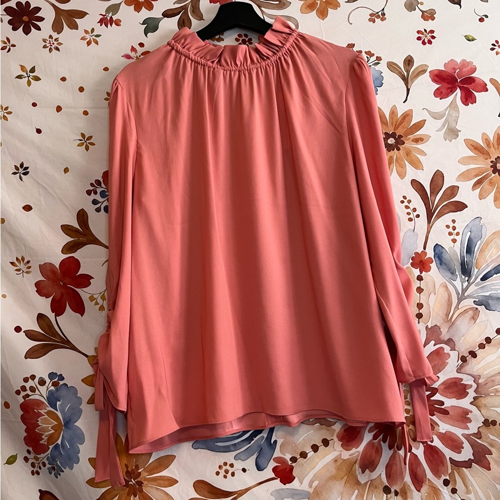 NWT Ann Taylor Womens L Ruffle Neck Semi Sheer Cinch Sleeve Work Office Blouse